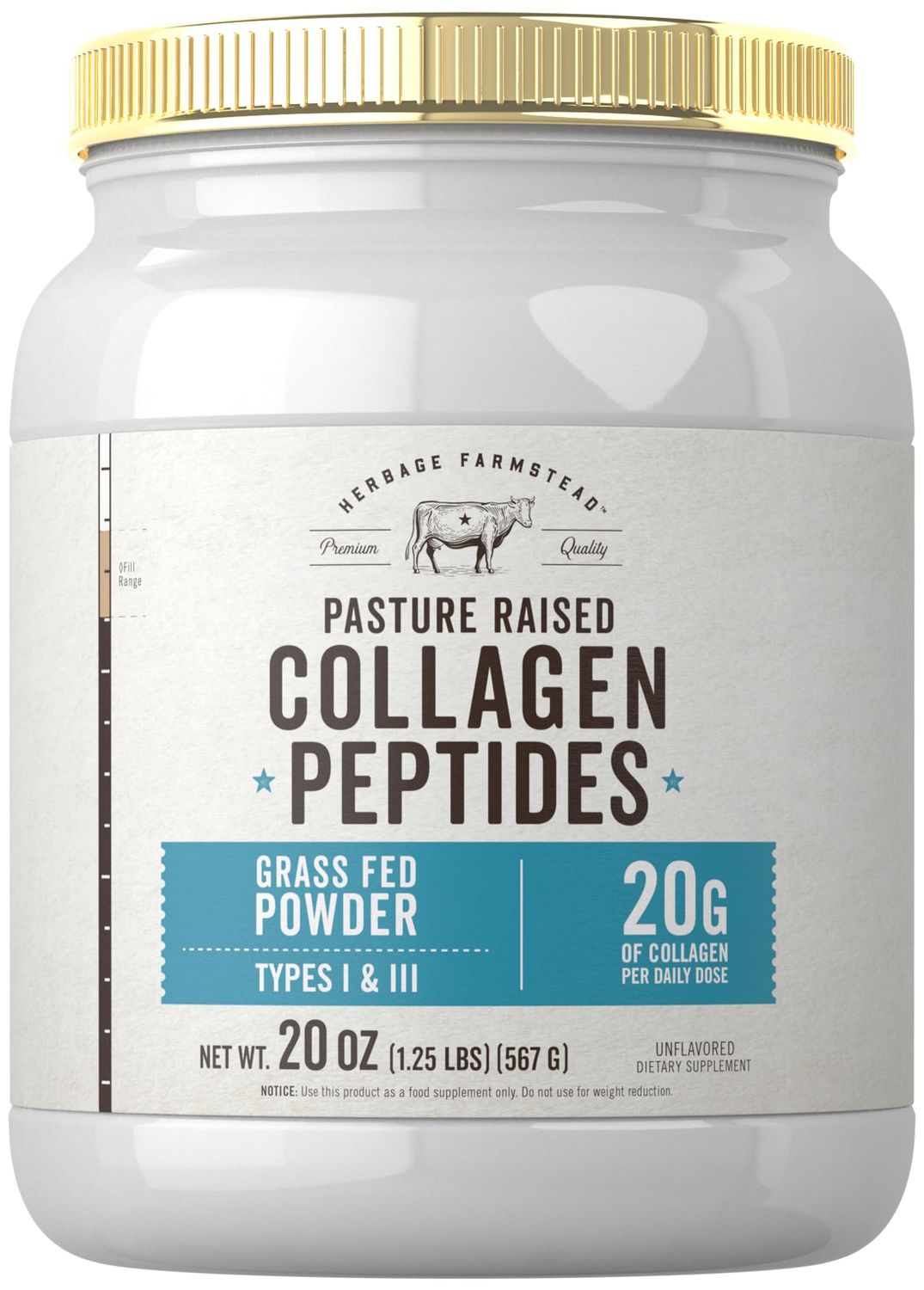 Carlyle Grass Fed Collagen Peptides Powder 20oz Unflavored Pasture Raised Types I III 20g of Collagen Per Daily Dose Non-GMO, Gluten Free by Herbage Farmstead