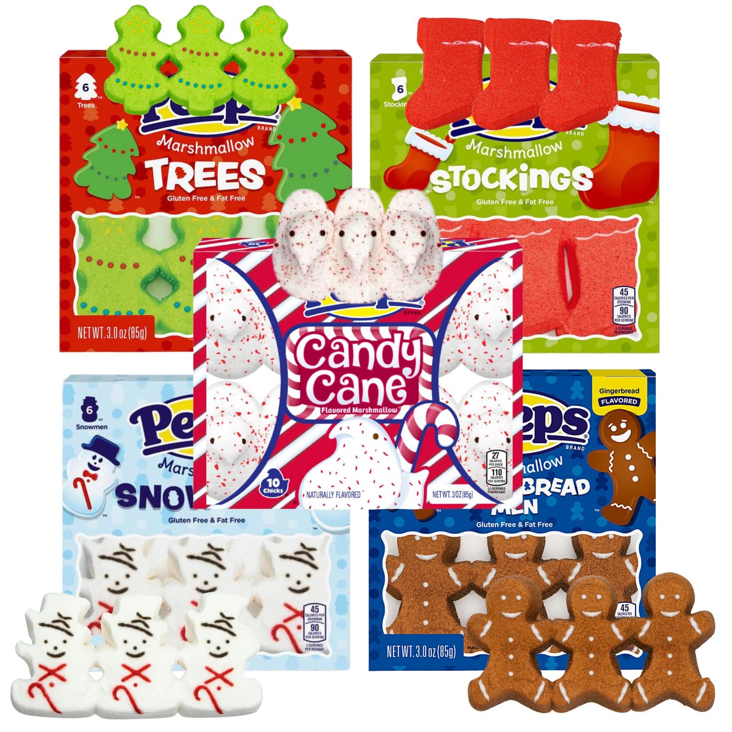Needzo Marshmallow Christmas Candy, Sugar Coated Character Shaped Marshmallows, Stocking Stuffers for Peep Lovers (Pack of 5) 30 Pieces