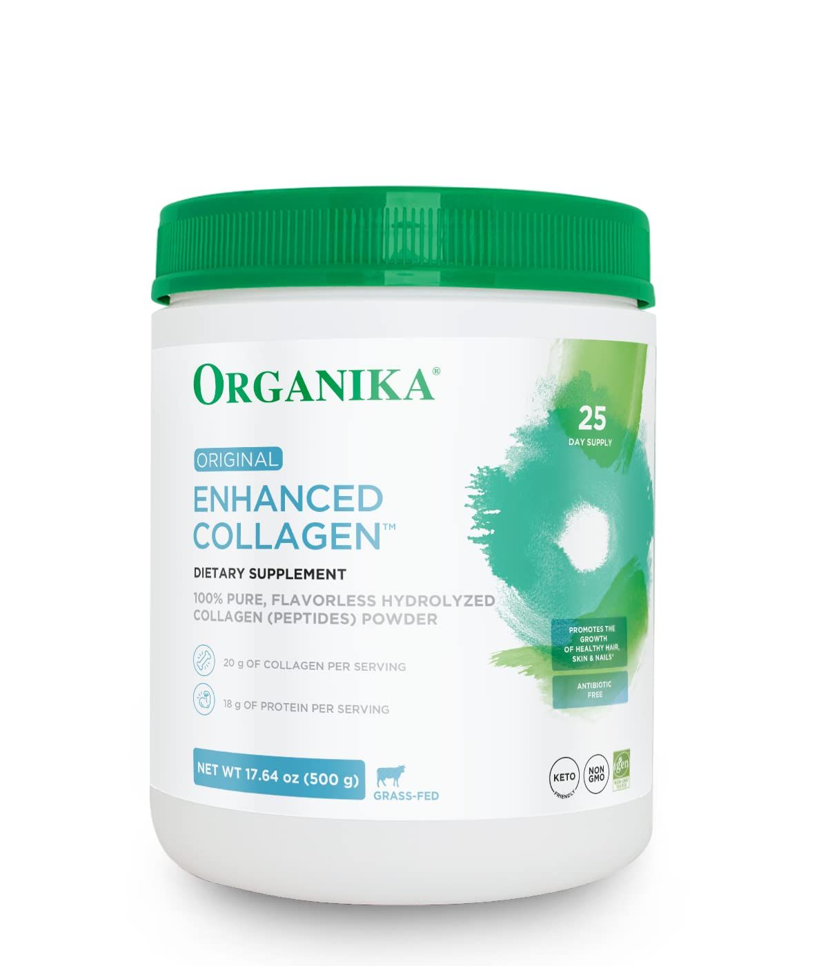 Organika Enhanced Hydrolyzed Collagen Peptides Powder: Easy Absorption Unflavored Collagen Powder for Skin, Hair, Nails, Joints, Muscles, Gut - Keto, GMO-Free, Grass-Fed - 25 Day Supply