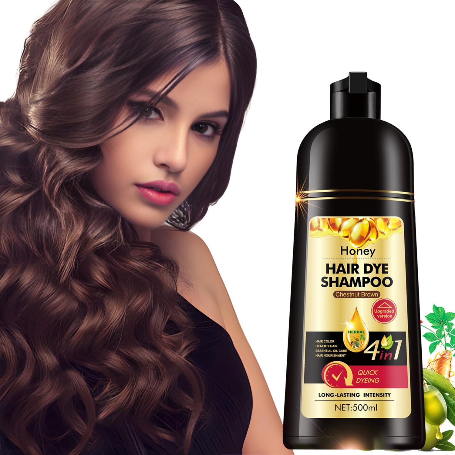 TGTXDEA Herbal Instant Hair Dyeing Shampoo - Chestnut Brown Brown Hair Tint with Herbs Honey - Long-Lasting 3-in-1 Color Treatment for Women Men - 500ML