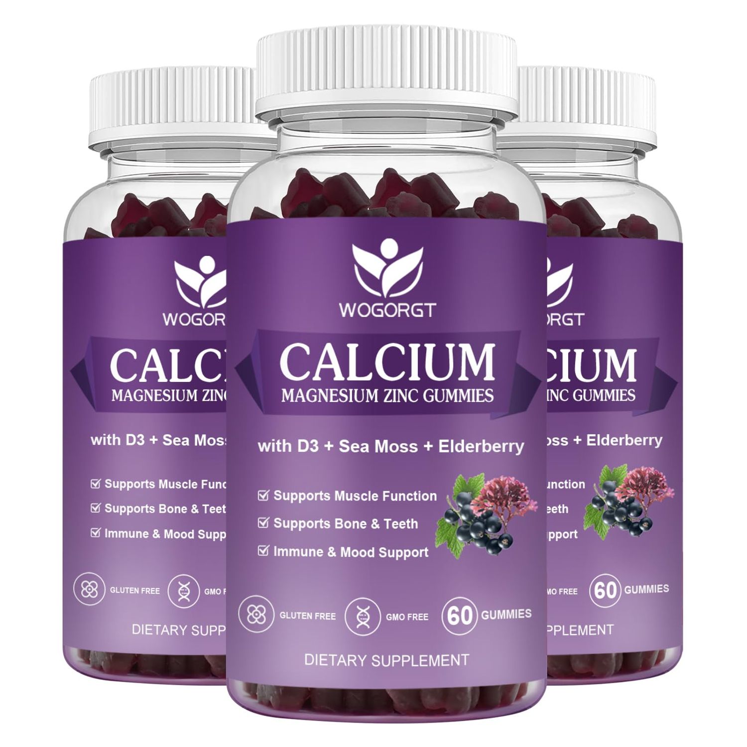 Calcium Magnesium Zinc Gummies with Vitamin D3 - High Absorption Complex Calcium Supplement with Sea Moss, Elderberry for Bone, Muscles, Immune, Mood Sleep Support, Vegan - 60 Gummies (3 Pack)