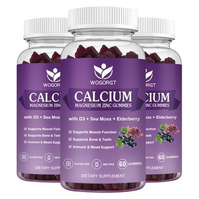 Calcium Magnesium Zinc Gummies with Vitamin D3 - High Absorption Complex Calcium Supplement with Sea Moss, Elderberry for Bone, Muscles, Immune, Mood Sleep Support, Vegan - 60 Gummies (3 Pack)