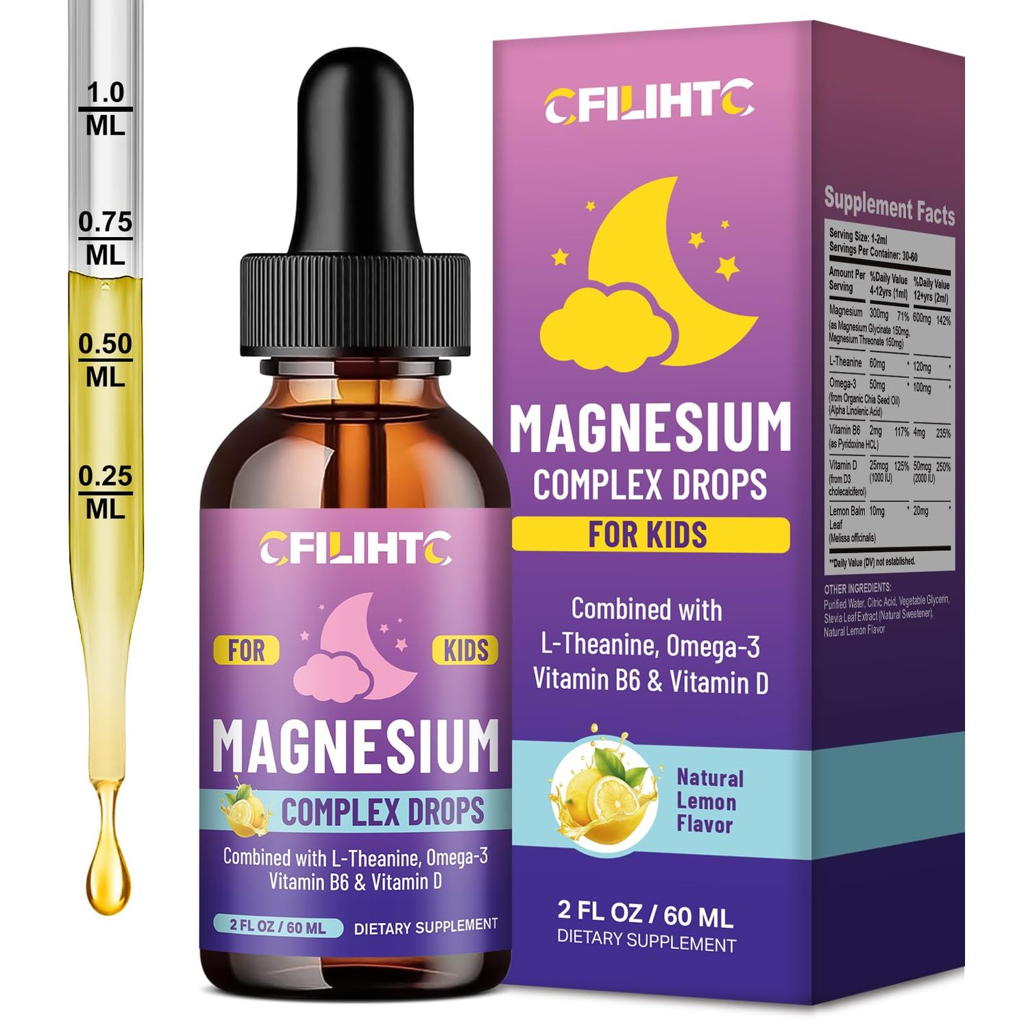 Kids Magnesium Liquid Drops-Magnesium Glycinate Liquid for Kids, L-Threonate Supplement-wL-theanine, Omega-3, Vitamin B6, D3 - for Sleep, Relaxation, Brain, Bones - Lemon Flavor, 2 Fl Oz