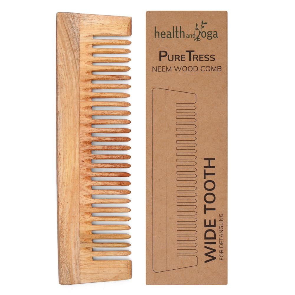 HealthAndYoga PureTress Handcrafted Neem Wood Comb - Non-Static and Eco-Friendly Wide Tooth Comb for Women and Men - Soothing Scalp and Hair Health - 7 Inches