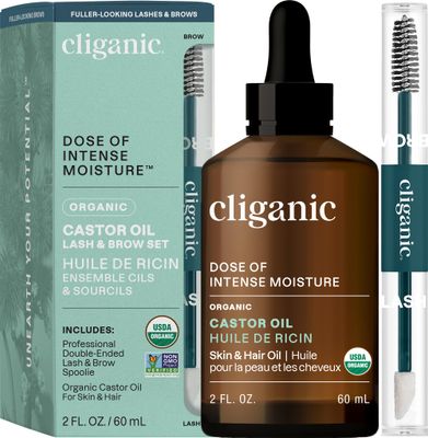 Cliganic Organic Castor Oil, 100 Pure (2oz Glass Bottle with Eyelash Kit) - For Eyelashes, Eyebrows, Hair Skin (Packaging May Vary)