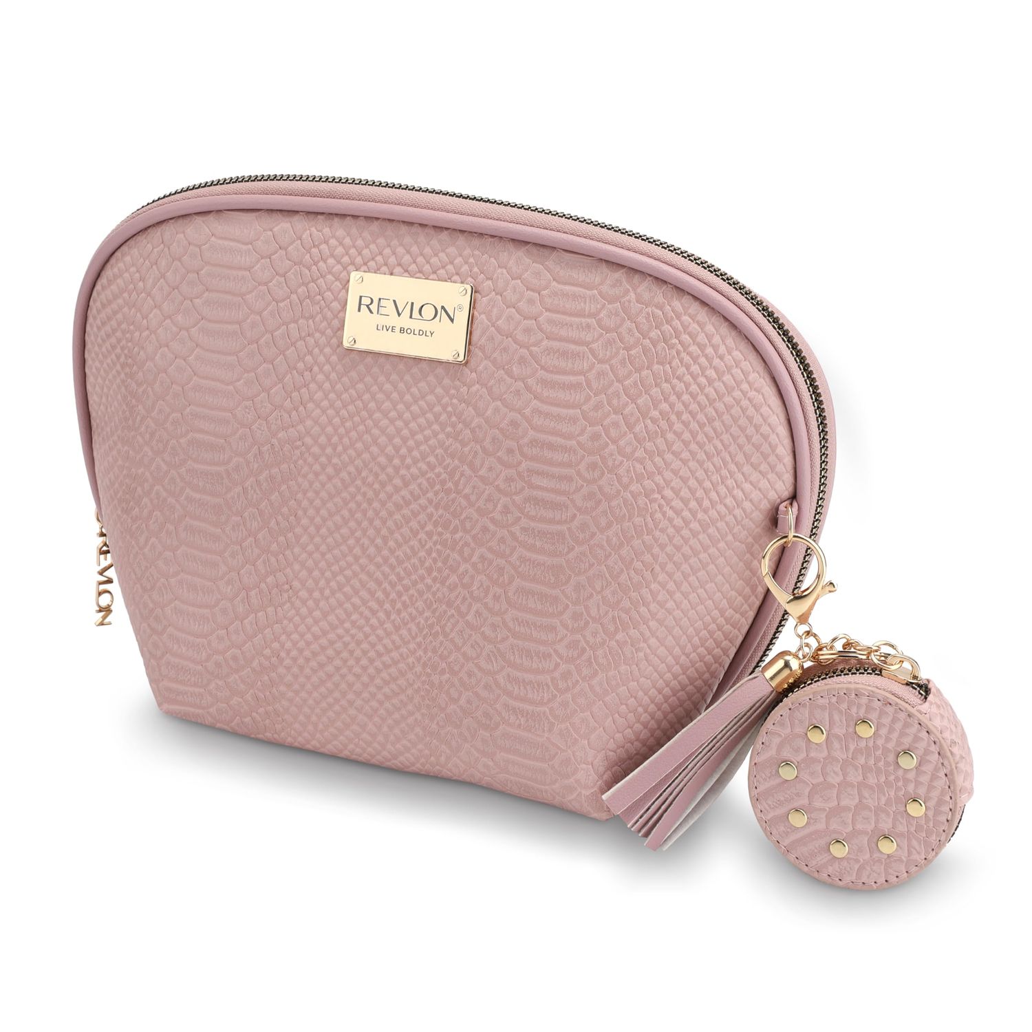 REVLON Croc Embossed Makeup Pouch, Small Makeup Pouch, Travel Makeup Organizer with Tassel Mirror Keychain, Cosmetic Bag, Mini Makeup Case with Pockets, Gifts for Women, Ladies, or Teen Girls, Rose