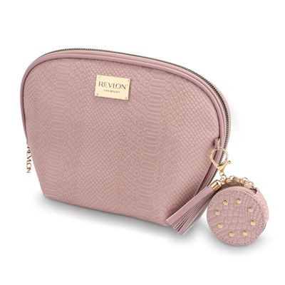 REVLON Croc Embossed Makeup Pouch, Small Makeup Pouch, Travel Makeup Organizer with Tassel Mirror Keychain, Cosmetic Bag, Mini Makeup Case with Pockets, Gifts for Women, Ladies, or Teen Girls, Rose