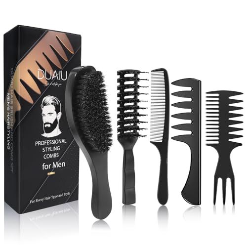 DUAIU Hair Brush, Boar Bristle Hair Brush and Hair Comb Set, Men Professional Styling Hairbrush Wide Tooth Comb for Curls Straight Thick Thin All Hair (5 PCS)