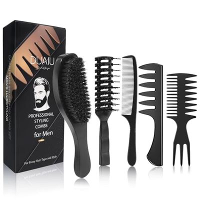 DUAIU Hair Brush, Boar Bristle Hair Brush and Hair Comb Set, Men Professional Styling Hairbrush Wide Tooth Comb for Curls Straight Thick Thin All Hair (5 PCS)