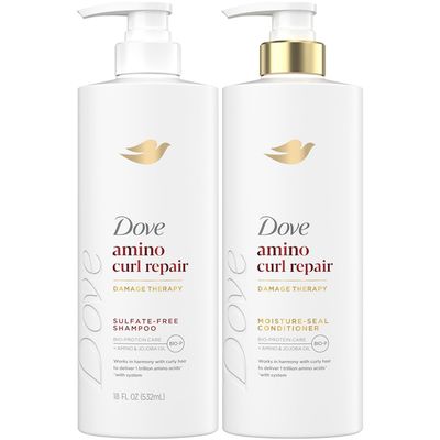 Dove Shampoo and Conditioner Set, Amino Curl Repair - Damage Therapy Bio-Protein Care Formulas for Revitalizing Coily, Curly Hair, 18 Oz Ea