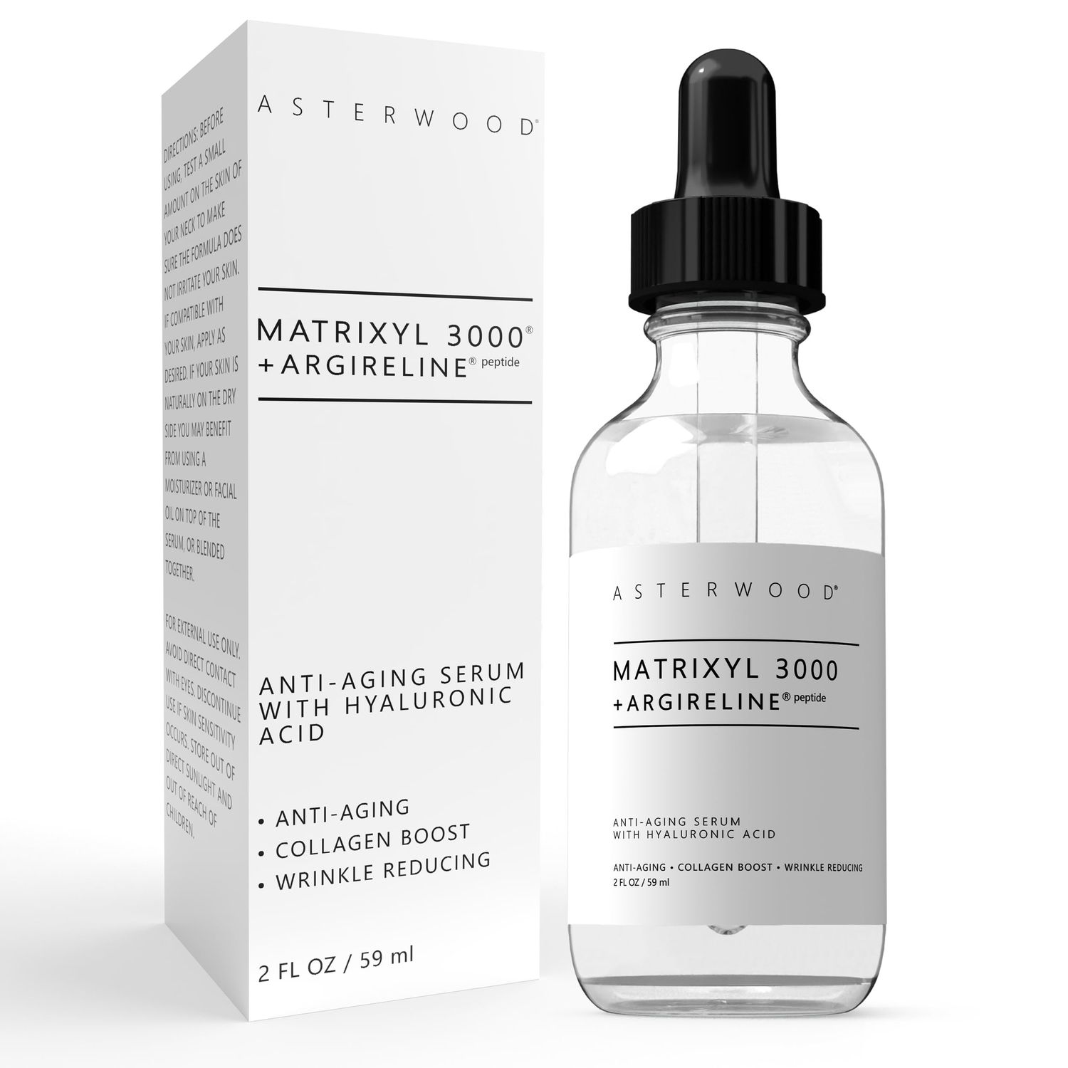Asterwood Matrixyl 3000 Argireline Serum with Hyaluronic Acid - Anti-Aging, Wrinkle Reducing, Collagen Boosting - Fragrance-Free - 2 Fl Oz