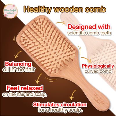 Wonderfulnature Wooden Hair Brush - Square 8.5x24.7 cm Natural Wood Comb for Hair, Wet Dry Use Bamboo Bristle Brush for Smooth, Tangle-Free Scalp Massage Includes Cloth Bag