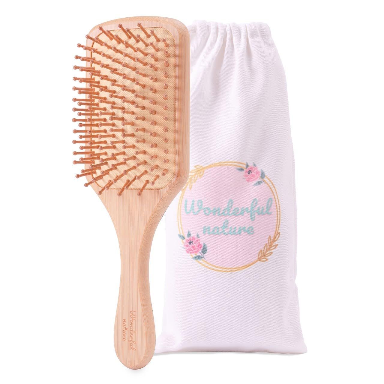Wonderfulnature Wooden Hair Brush - Square 8.5x24.7 cm Natural Wood Comb for Hair, Wet Dry Use Bamboo Bristle Brush for Smooth, Tangle-Free Scalp Massage Includes Cloth Bag