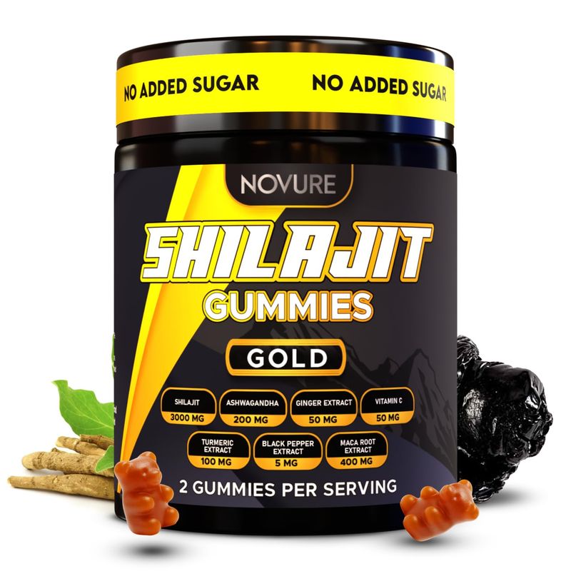 Novure Pure Himalayan Shilajit Gummies No Added Sugar Ashwagandha, MACA Root, Turmeric Extract with Vitamin C, Non-GMO 100 Natural Organic (60 Count, Gold)