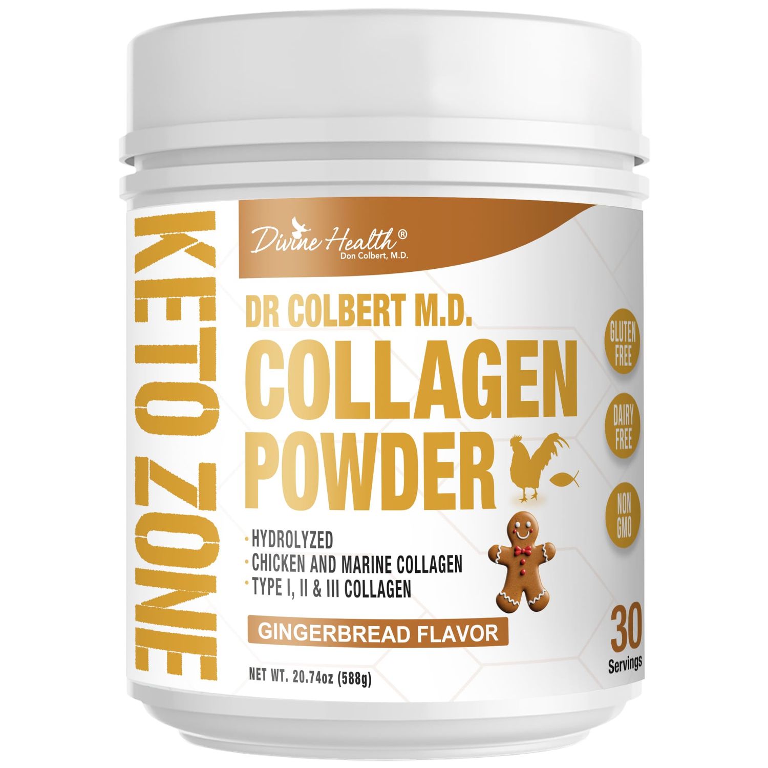 Divine Health Hydrolyzed Collagen Powder Gingerbread Flavor Type I, II, III Collagen Peptides Recommended in Dr. Colbert&#39;s Keto Zone Diet Book Healthy Hair, Skin, Nails 30 Servings