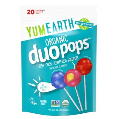 YumEarth Organic Duo Pops, Lollipops with Fruit Chew Centers - Allergy Friendly (Top 9 Free), No Artificial Dyes or Flavors, Non GMO, Gluten Free, Vegan Candy Snacks - 20 Individually Wrapped Pops
