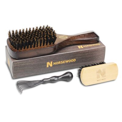 NORSEWOOD Boar Bristle Brush for Shine and Texture - Stiff Bristles for Medium HairBeards, Cleaning Brush Included