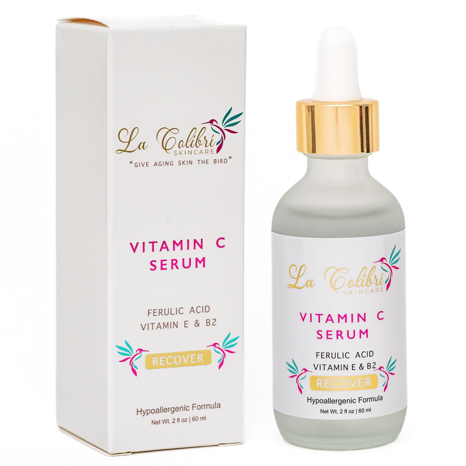 La Colibri Skincare Recover Vegan Vitamin C Serum for Face, Stabilized Vitamin C E Ferulic Acid Serum to Transform Aging Skin, Natural Vit C Serum with Organic Coconut Oil Jojoba Oil, 2 Ounces