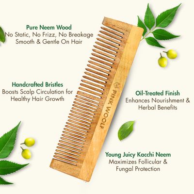 Pink Woolf Neem Wood Comb Set for Men Women Natural Eco-Friendly Fine Tooth, Wide Tooth, Pocket Comb Combo Handmade Hair Styling Pack of 3 for Hair Care and Grooming