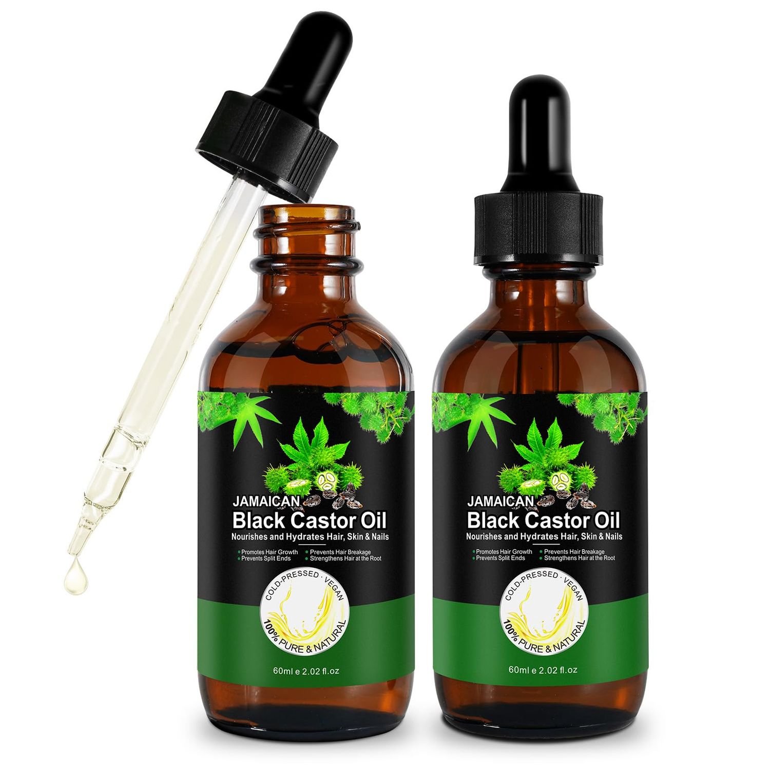 2 Pack Vceeoy Jamaican Black Castor Oil for Hair Growth, 100 Pure Organic, Cold Pressed, Stimulate Thicker Fuller Hair Eyelashes Eyebrows Growth Serum, Nourish Scalp Face Body Skin Hydration