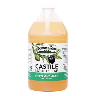 Vermont Castile Soap Peppermint, Gentle Liquid Soap for Sensitive Skin Natural Body Wash, Organic Hair Shampoo for Oily Hair, Aloe Castile Soap for Men Women - 64 Oz