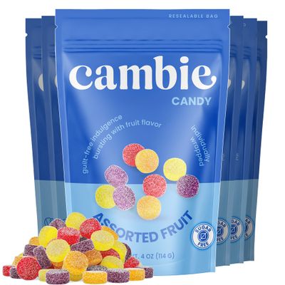 Cambie Sugar Free Candy - Pack of 6 Assorted Fruit Gummies, Individually Wrapped, Low Calorie, No Aftertaste, Small Delicious Guilt-Free Low Carb Keto Sugar Free Candy
