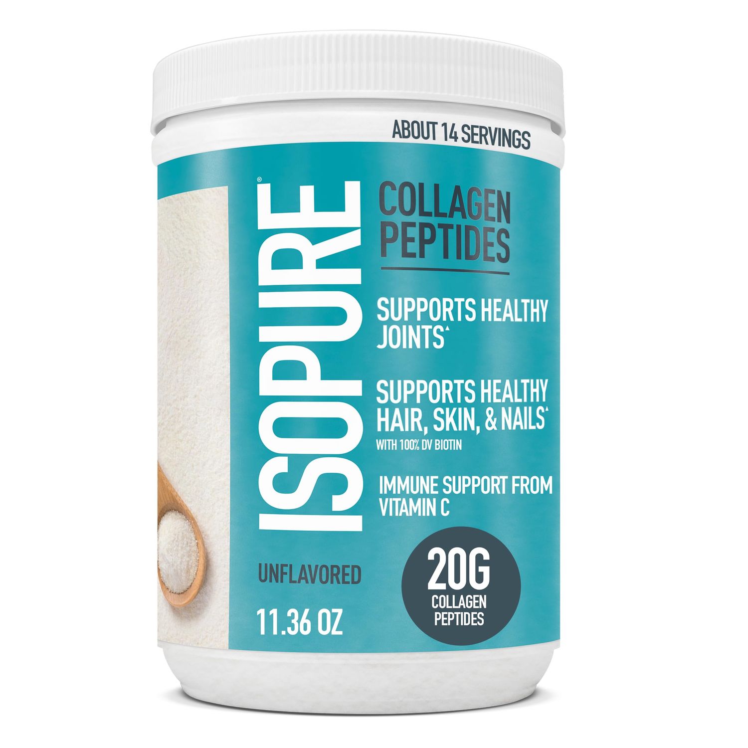 Isopure Collagen Peptides Powder, Promotes Hair, Nail, Skin and Joint Health, with Vitamin C and Biotin, Unflavored, 20g Collagen Peptides Per Serving, 11.36 Oz, 14 Servings (Packaging May Vary)