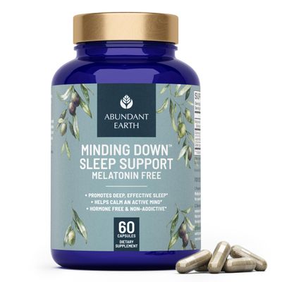 Abundant Earth Natural Sleep Aid for Adults Minding Down Sleep Support Supplement Max Strength Deep Sleep Supplement Without Melatonin to Calm Restore The Sleeping Cycle Magnesium, GABA 60ct