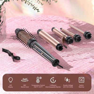 Vylto 5 in 1 Curling Iron Set-Instant Heat Hair Curling Wand Set with Curling Brush,4 Interchangeable Ceramic Wands (0.35-1.25) and Heat Protective Glove 2 Clips for Girls and Women