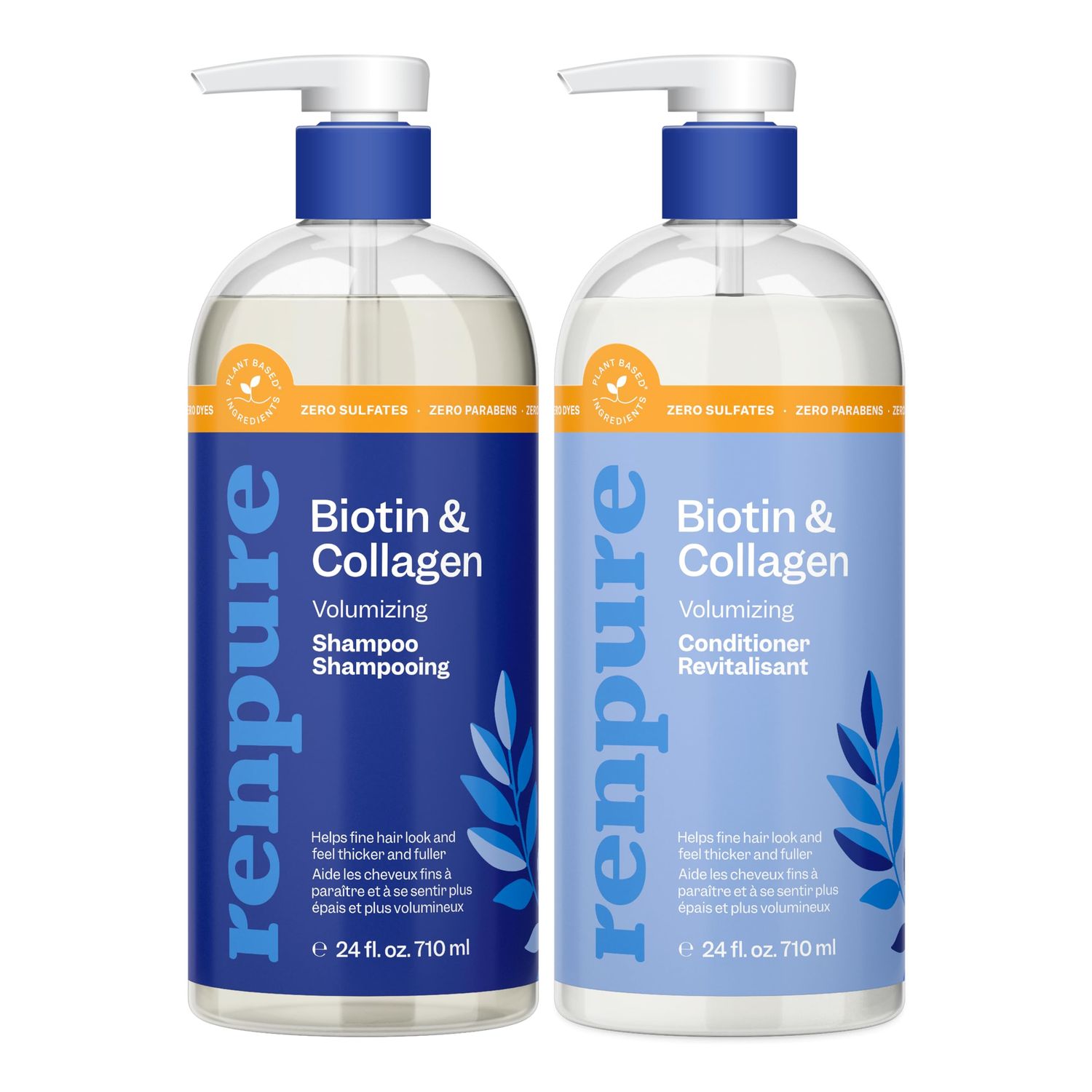Renpure Biotin Collagen Shampoo Conditioner Set, Plant- Based - Nutrient Infused Formulas for Fuller, Thicker Looking Hair - For Fine Hair - Vitamin B7 (Biotin) Collagen - 24 Fl Oz each, 2 Pack