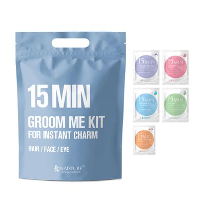 15 Min Groom Me Kit by Naisture - Korean At Home Spa Kit for Men with Hair Mask, Collagen Mask, Tea Tree Face Mask, Hyaluronic Acid Mask, and Eye Mask