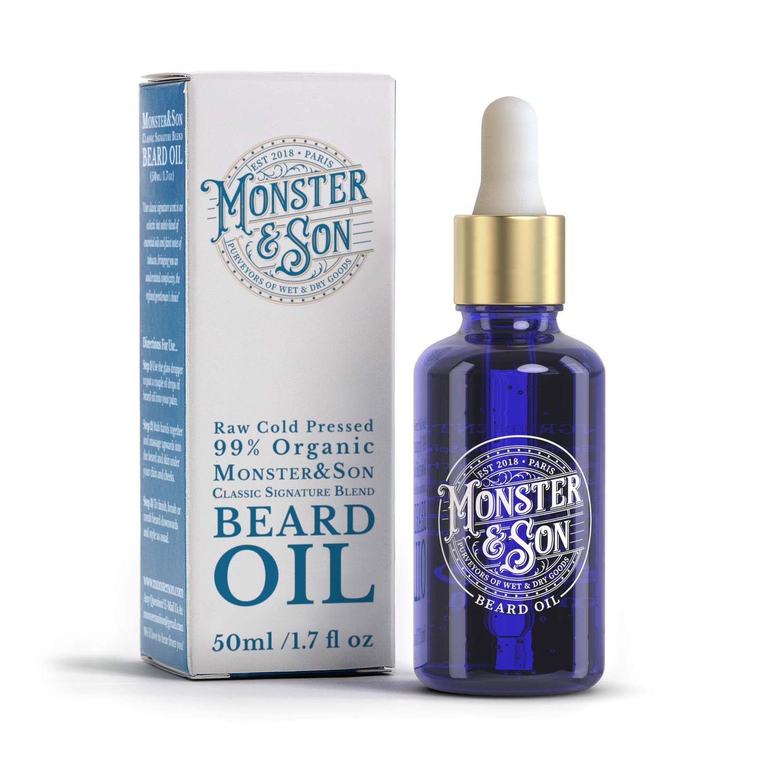 MonsterSon Classic Signature Blend Raw Cold Pressed Organic Beard Oil 1.7oz - Helps to Hydrate, Style and Promote New Hair Growth - Rich in Vitamins Minerals - Jojoba, Argan Meadowfoam Oils
