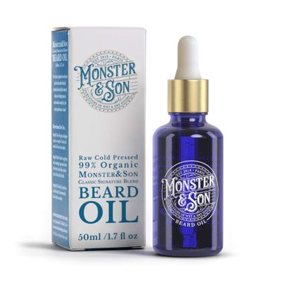 MonsterSon Classic Signature Blend Raw Cold Pressed Organic Beard Oil 1.7oz - Helps to Hydrate, Style and Promote New Hair Growth - Rich in Vitamins Minerals - Jojoba, Argan Meadowfoam Oils