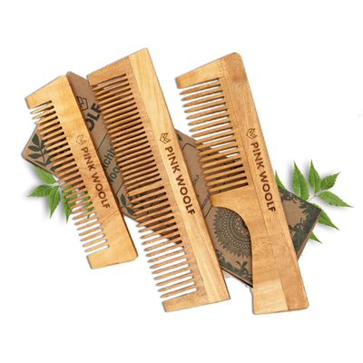 Pink Woolf Neem Wood Comb Set for Men Women Natural Eco-Friendly Fine Tooth, Wide Tooth, Pocket Comb Combo Handmade Hair Styling Pack of 3 for Hair Care and Grooming