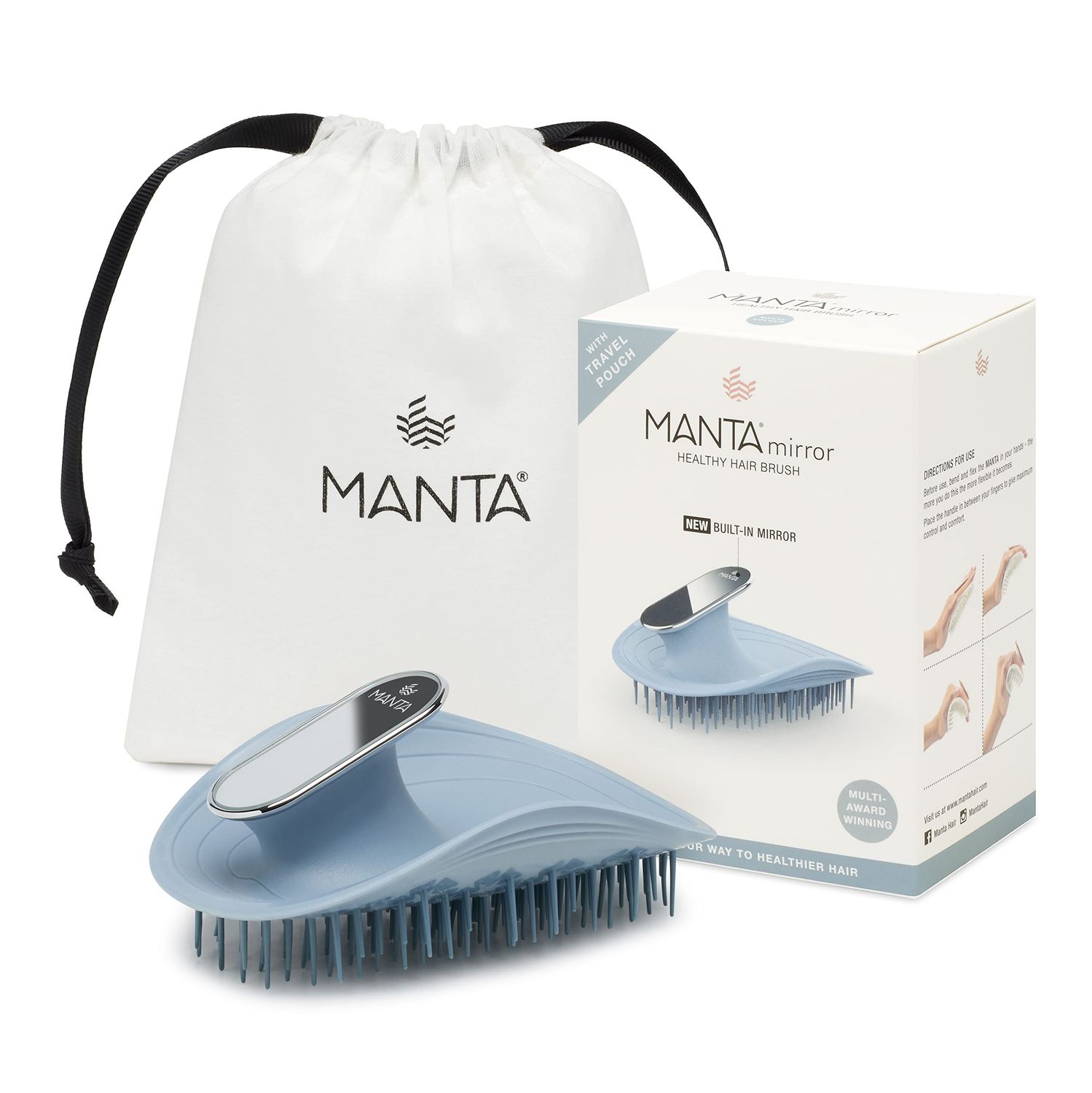 Manta Mirror Anti-Breakage Hairbrush - Travel Brush for Women, Gentle Wet Dry Detangling Brush with Scalp Massager, Blue