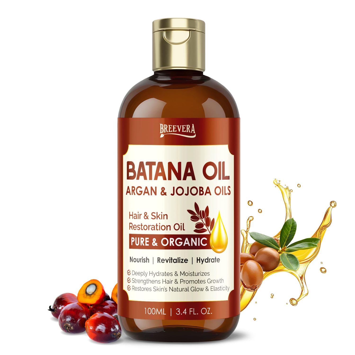 BREEVERA Batana Oil with Argan Jojoba Oils - Hair Skin Restoration Oil, Hydrates, Strengthens Hair, Promotes Growth, Restores Skin Glow Elasticity, 100ml 3.4 fl. oz.