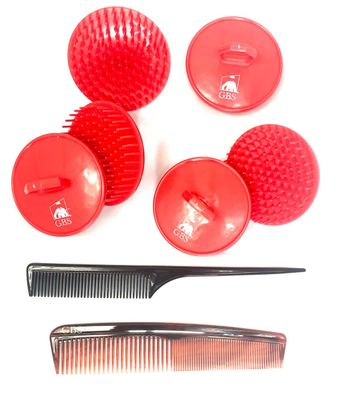 G.B.S Soft Red Scalp Massager Soft Pocket Comb 7in Styling Comb and 8in Pin Tail Comb for Hair, Pack of 6