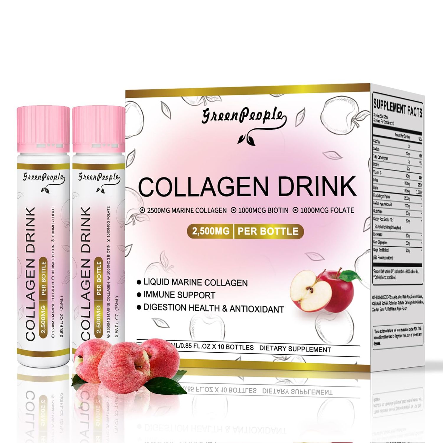 GREENPEOPLE Liquid Collagen for Women Men, Fish Collagen Peptides Hyaluronic Acid Vitamin Bs C, Hair Skin Nails Joints Bones Support (0.85 fl oz, 10 Bottles, Apple)