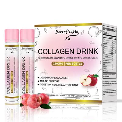 GREENPEOPLE Liquid Collagen for Women Men, Fish Collagen Peptides Hyaluronic Acid Vitamin Bs C, Hair Skin Nails Joints Bones Support (0.85 fl oz, 10 Bottles, Apple)