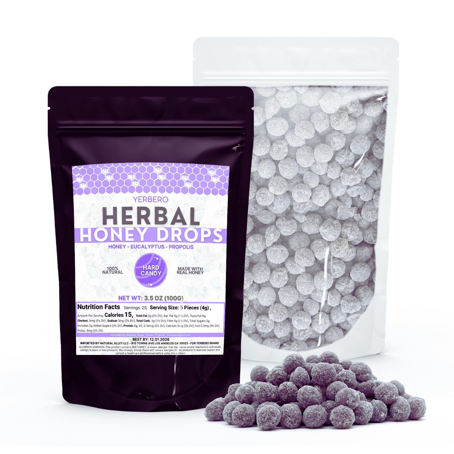 Yerbero - Honey Herbal Extracts Candy Drops 3.5oz (100g) Honey Eucalyptus - Premium Natural Sweet Treats, Made With Real Honey - No Artificial Colors or Preservatives - Gourmet Snacking Soothing