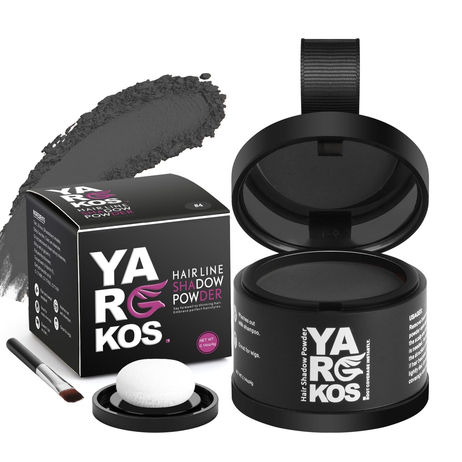 Yargkos Hairline Shadow Powder, Dark Gray, Root Touch Up Powder for Instantly Gray Hair Cover Up, Women Color Root Coverage for Thinning Grey, Mens Roots Concealer for Hair Loss Beard Line, 4