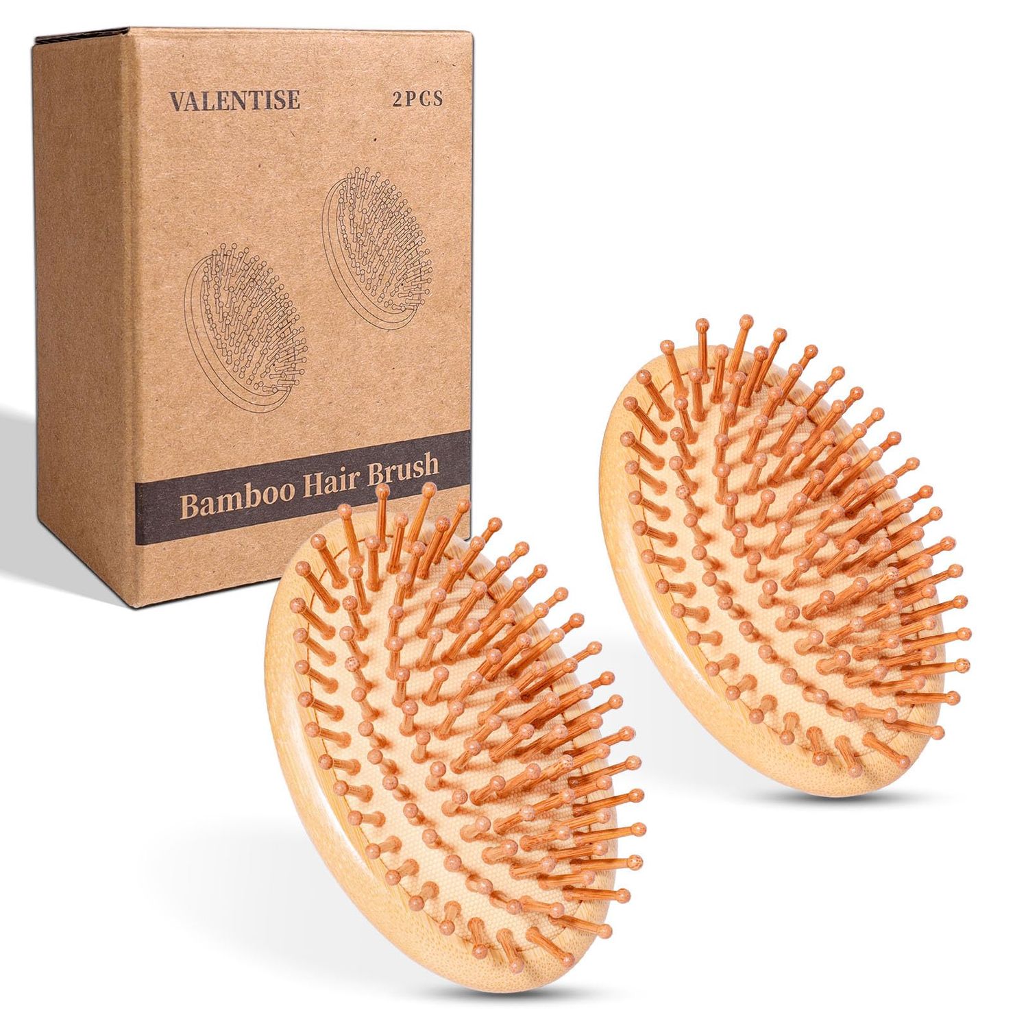 VALENTISE Bamboo Hair Brush, 2 Pack Bamboo Scalp Massager for Hair Growth, Wooden Scalp Brush for Women and Men, No Handle Design, Detangling All Hair Types