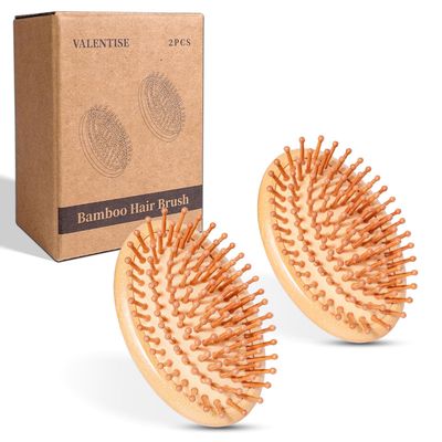 VALENTISE Bamboo Hair Brush, 2 Pack Bamboo Scalp Massager for Hair Growth, Wooden Scalp Brush for Women and Men, No Handle Design, Detangling All Hair Types