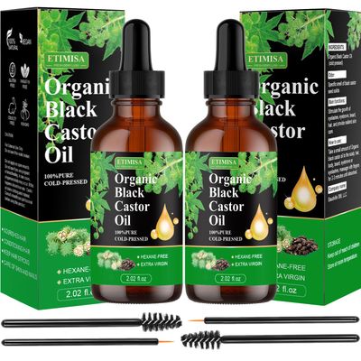 Etimisa Hair Oil, Black Castor, 100 Pure Natural Organic, Cold Pressed, Hair Growth, Eyebrow Skin Care, Body Carrier Oil, 4.04 Fl Oz, 2 Glass Bottles