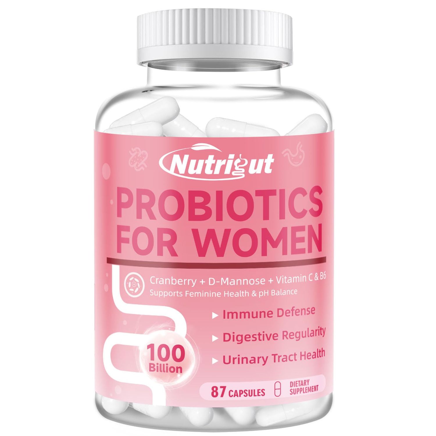 Probiotics for Women 100 Billion CFUs Probiotic and Prebiotics with Digestive Enzymes for Gut Health, Vaginal Probiotics with Cranberry and D-Mannose for Urinary Tract Health, pH Balance, 87 Capsules