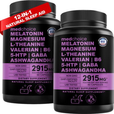 12-in-1 Melatonin Sleep Capsules - Natural Sleep Aids for Adults with Melatonin 5mg and Magnesium Glycinate 500mg, Sleep Aid with Ashwagandha, L Theanine, Valerian Root, GABA, 5-HTP (90ct, Pack of 2)