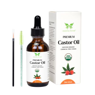 Celestial Psych USDA Certified Organic Castor Oil (2 Oz with Essential Bundle - Eyebrow Kit) 100 Pure Natural, Chemical-Free, Hexane-Free, Promote Lash, Brow, and Hair Growth, Skin Hydration
