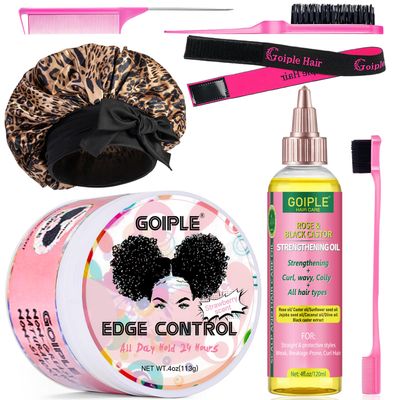 Edge Control Wax for Women Strong Hold - Edge Smoother Edge Wax Styling Tamer Edge Control Wax for Black Hair - Rose Castor Hair Oil for Hair Growth Strengthening Hair Oil Briad Bonnet Brush Set
