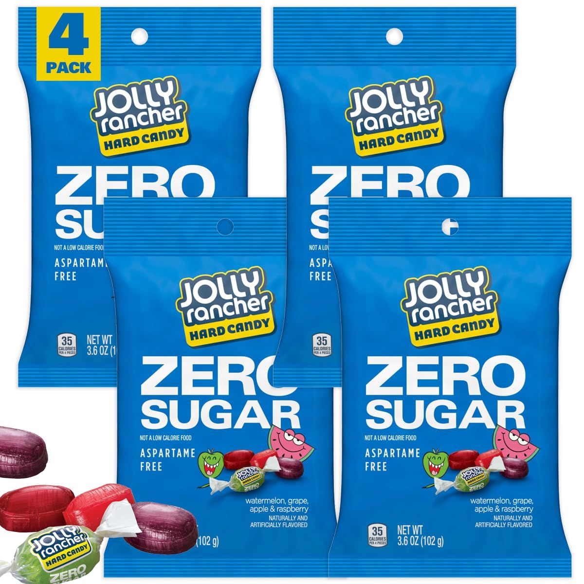 Zero Sugar Jolly Ranchers Hard Candy, 3.6 Ounce Bag (Pack of 4), Sugar Free Candy, Individually Wrapped Hard Candy, The Hampton Popcorn Candy Company