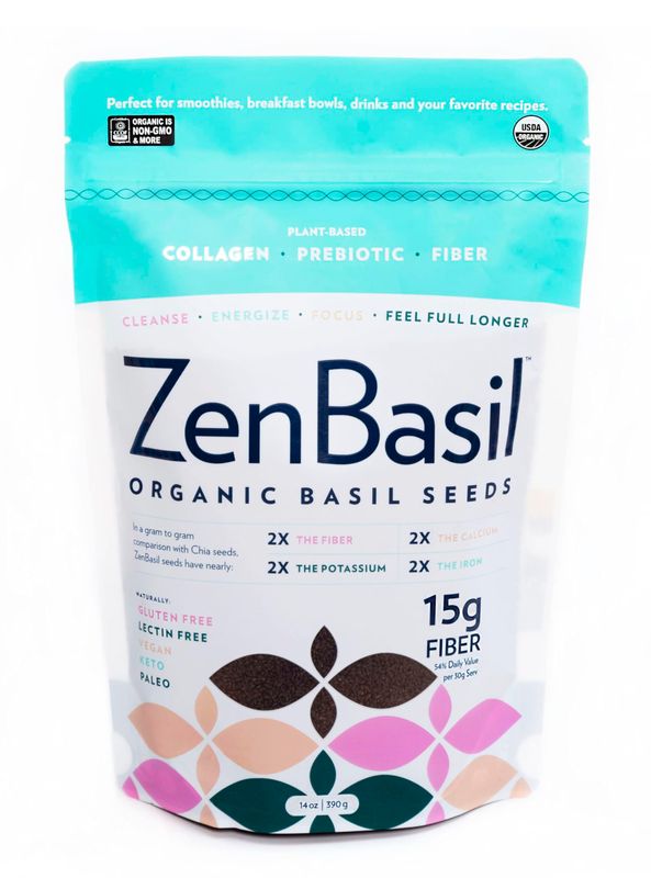 Zen Basil Seeds edible basil seeds usda organic, kosher, non-gmo, lectin free, gluten free, plant based, keto, paleo, vegan 15g fiber perserv 14oz more fiber than chia seeds prebiotic